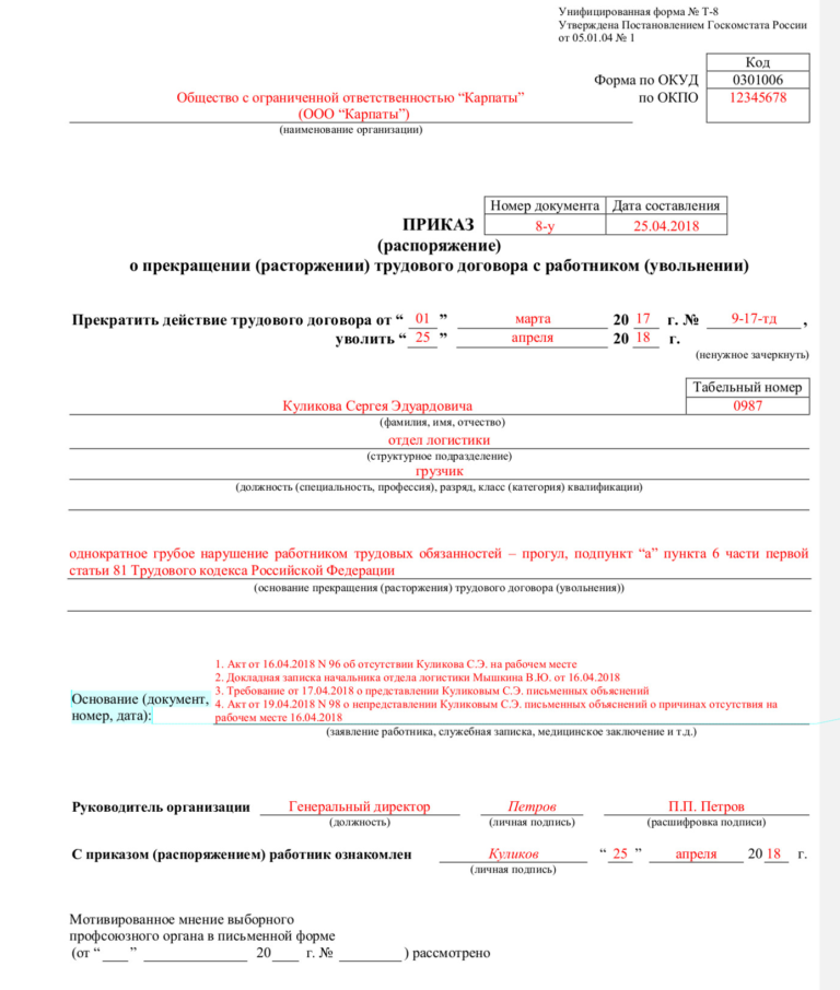 Приказ о наложении дисциплинарного взыскания образец